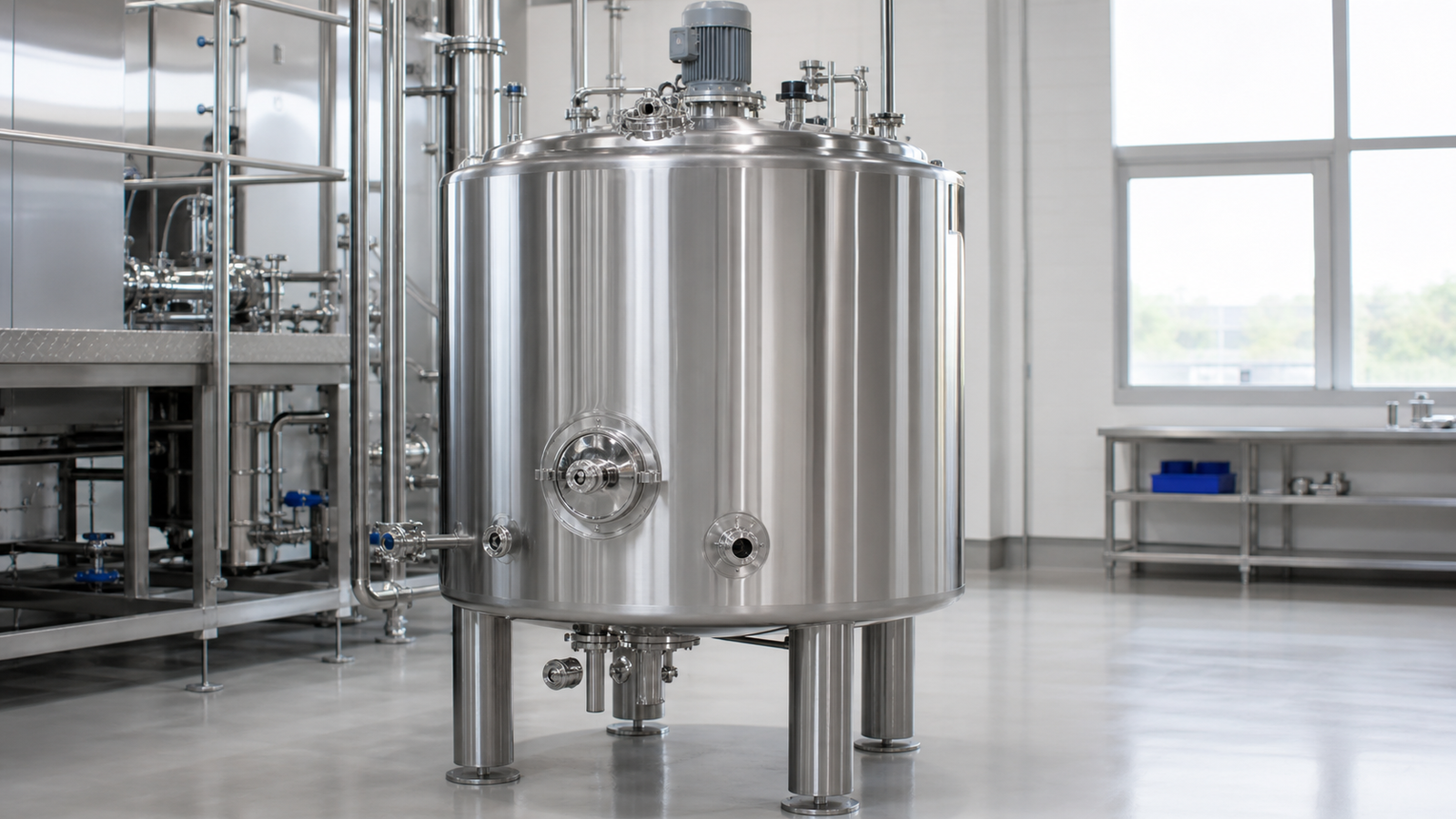 Sanitary stainless steel process tank for regulated production environments