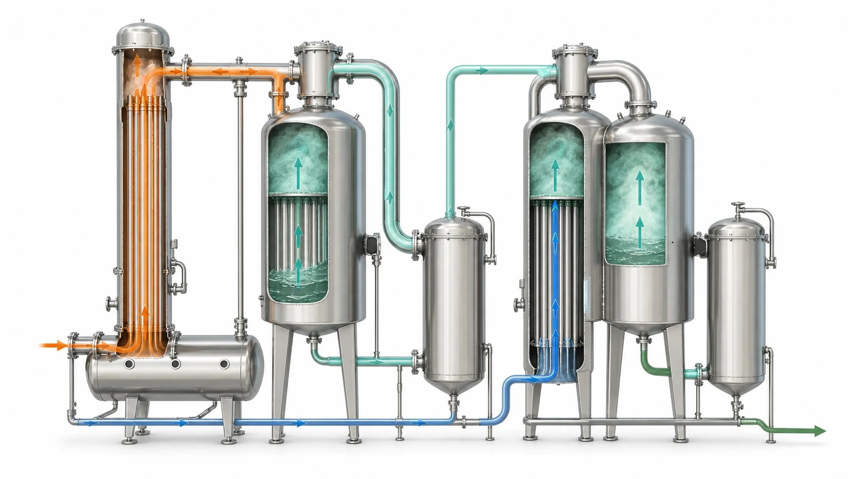 two stage evaporator process showing first effect vapor reused by the second effect