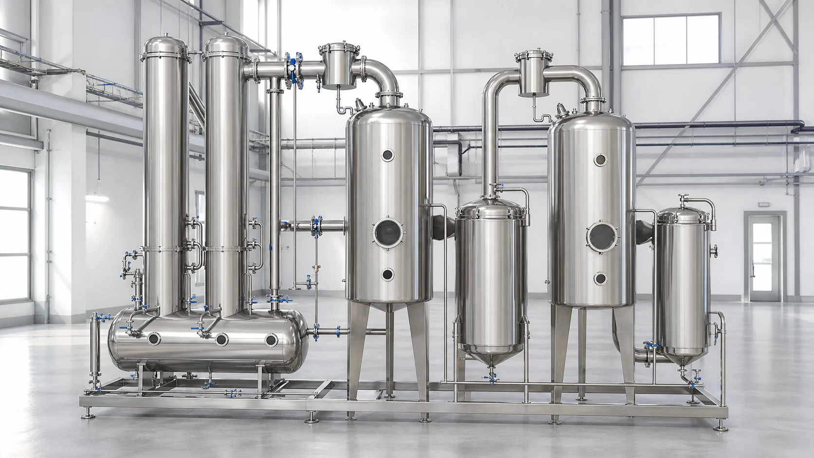 two stage rising film evaporator system installed for continuous industrial concentration